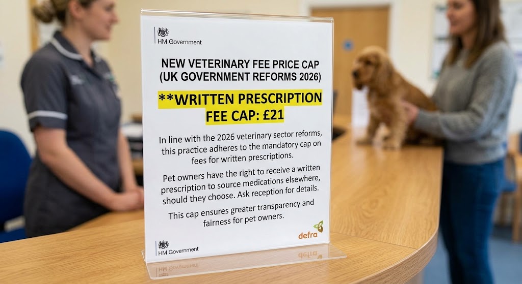 Illustration of a veterinary practice sign about proposed fee changes