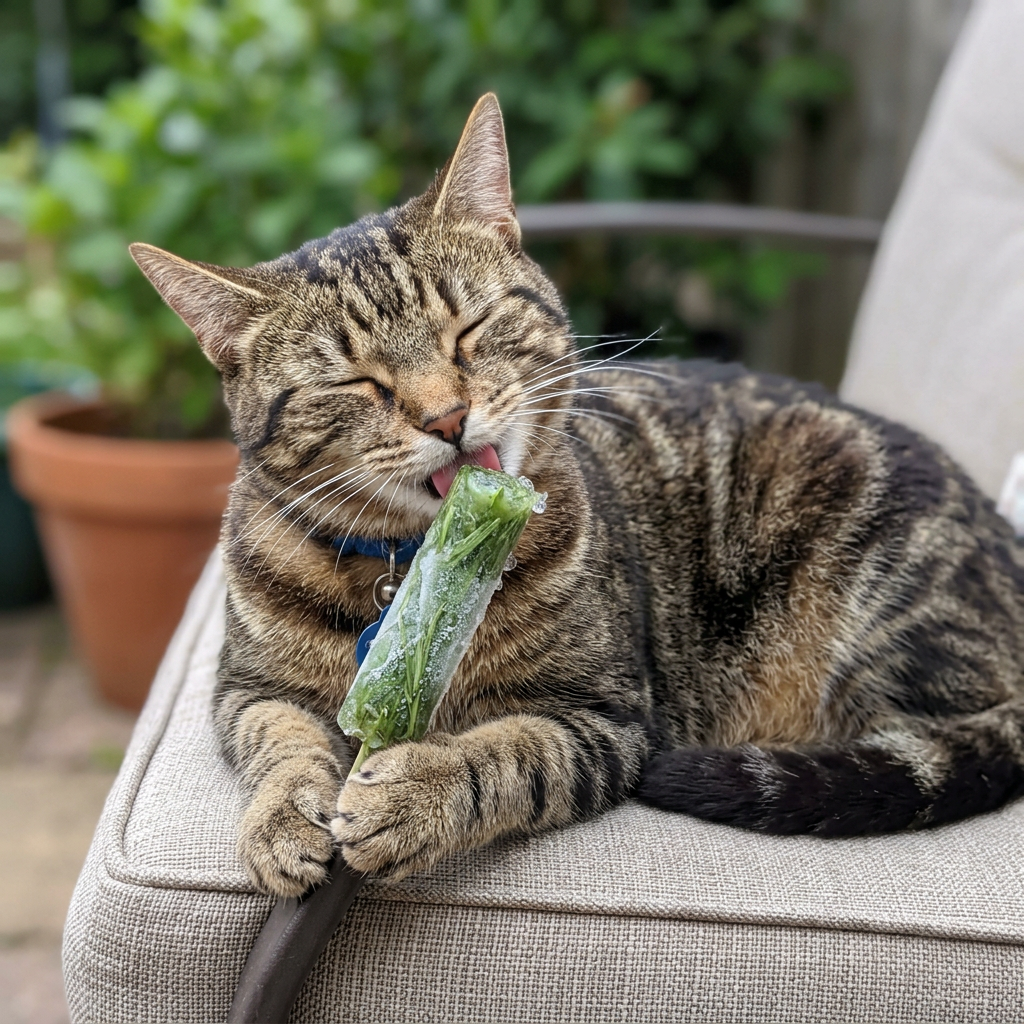 Tabby cat enjoying a frozen green treat